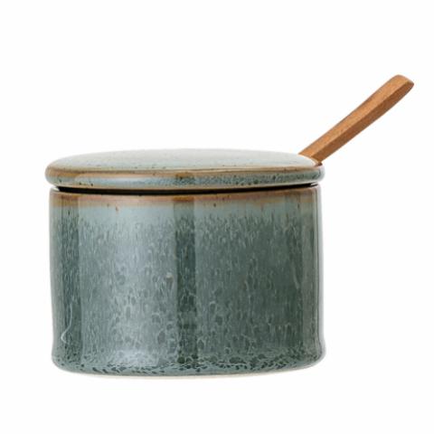 Pixie Jar w/Lid & Spoon, Green, Stoneware