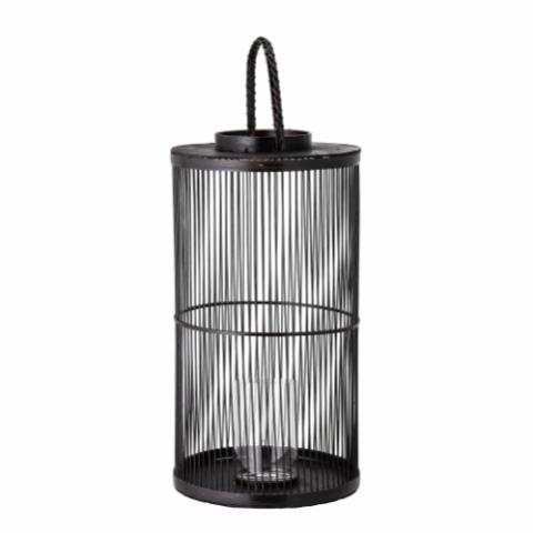 Effie Lantern w/Glass, Black, Bamboo